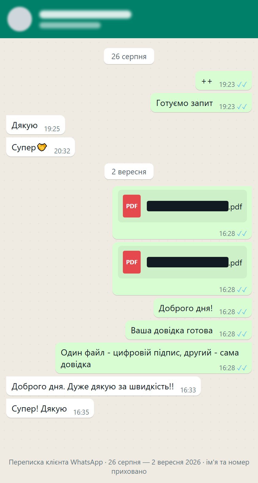 Переписка у WhatsApp: адвокат повідомляє, що довідка готова, клієнт відповідає «Дуже дякую за швидкість!!»