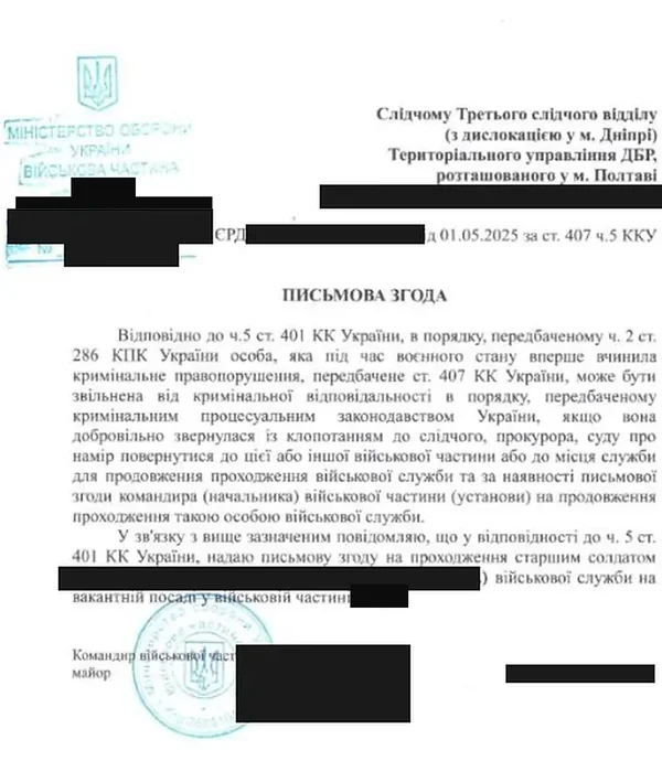 Письмова згода командира військової частини, справа за ч. 5 ст. 407 КК — самовільне залишення частини